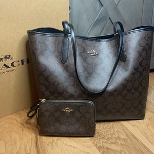 Brown & Black Coach Tote with Matching Wristlet